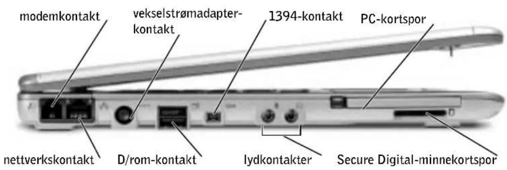 modemkontakt vekselstrømadapter- kontakt 1394-kontakt PC-kortspor nettverkskontakt D/rom-kontakt lydkontakter Secure Digital-minnekortspor