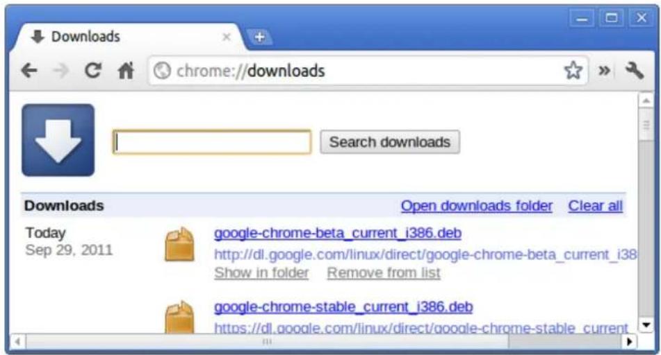 Downloads chrome://downloads Search downloads Downloads Today Sep 29, 2011 google-chrome-beta_current_i386.deb http://dl.google.com/linux/direct/google-chrome-beta_current_i38 Show in folder Remove from list google-chrome-stable_current_i386.deb https://dl.google.com/linux/direct/google-chrome-stable_current