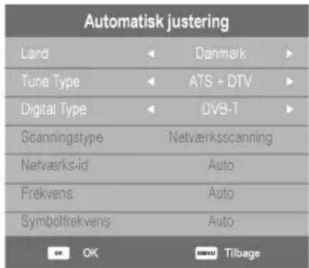 Automatisk justering Land Danmark Tune Type ATS + DTV Digital Type DVB-T Scanningstype Netværksscanning Netværks-id Auto Frekvens Auto Symbolfrekvens Auto OK OK ### Tilbage