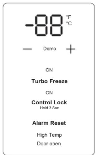 -88 °F - Demo + ON Turbo Freeze ON Control Lock Hold 3 Sec Alarm Reset High Temp Door open
