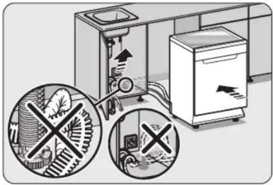 Diagram illustrating household cleaning and waste management, showing a kitchen sink, washing machine, and waste disposal with crossed-out symbols.