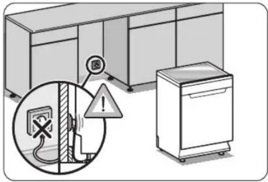 Diagram illustrating appliance safety warning with a power outlet, warning sign, and warning symbol