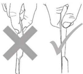 Diagram showing two hand positions with a cross and checkmark, indicating incorrect or incorrect methods for drawing a plant.