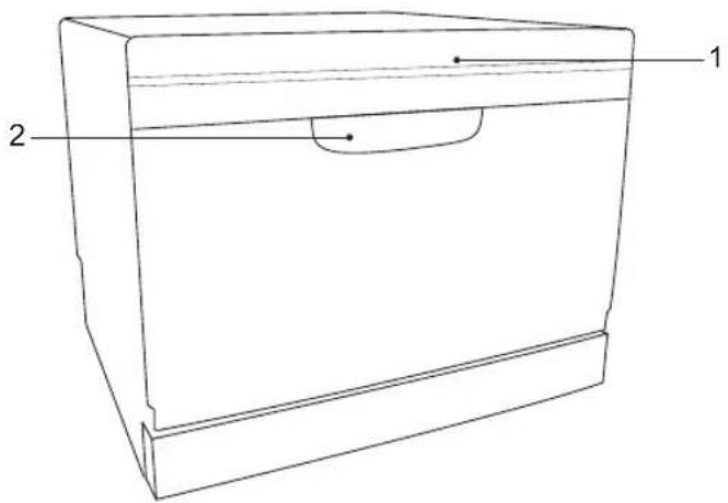 Technical line drawing of a rectangular device with labeled parts 1 and 2