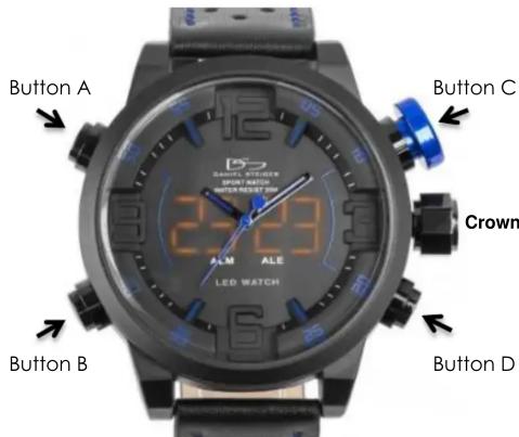 Button A Button C Crown Button B ALM ALE LED WATCH