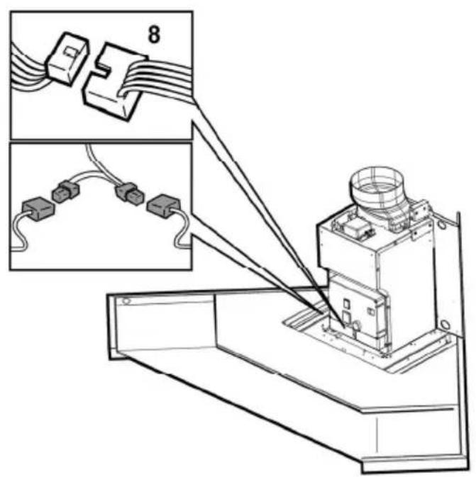 Technical diagram showing wiring connections to an industrial device with labeled components and a magnified inset view.