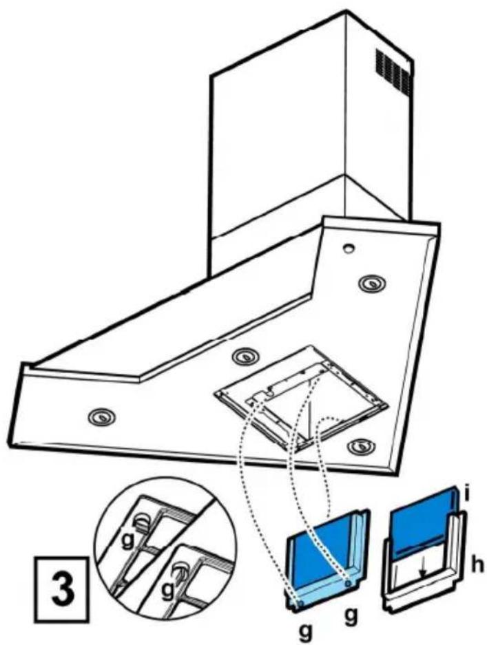Technical diagram of a kitchen chimney assembly with labeled components and a magnified inset showing internal structure details.