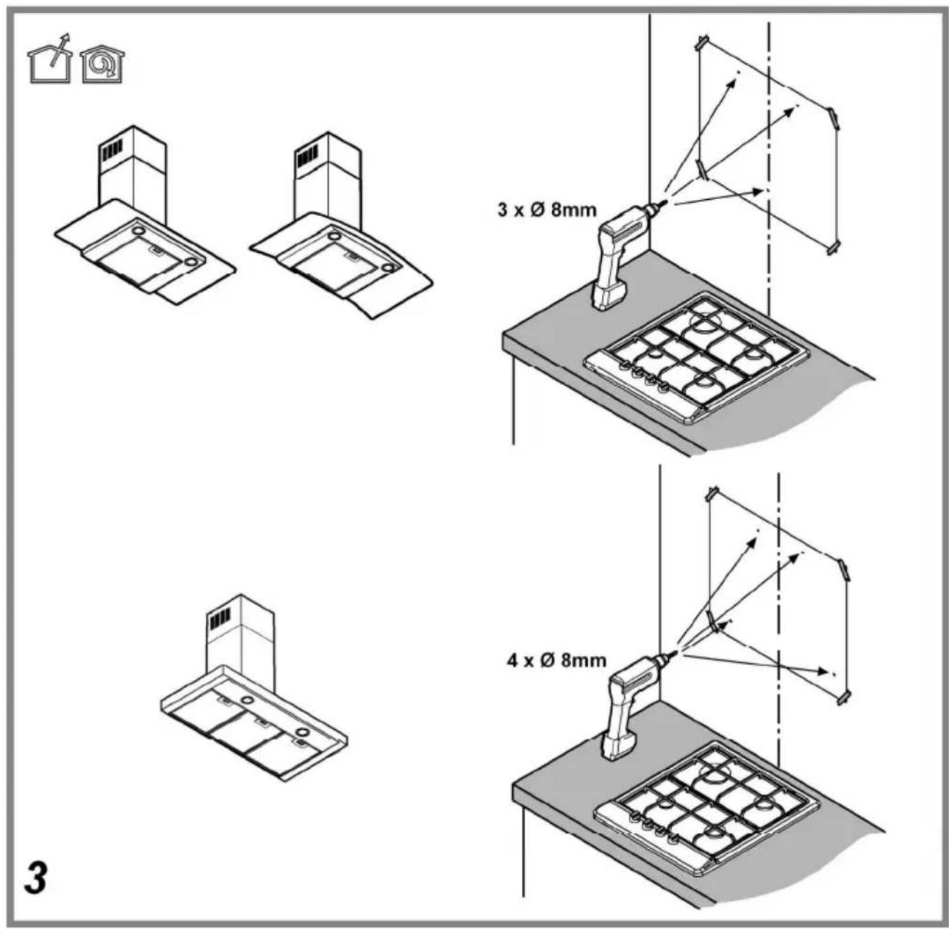 3 x Ø 8mm 4 x Ø 8mm 3