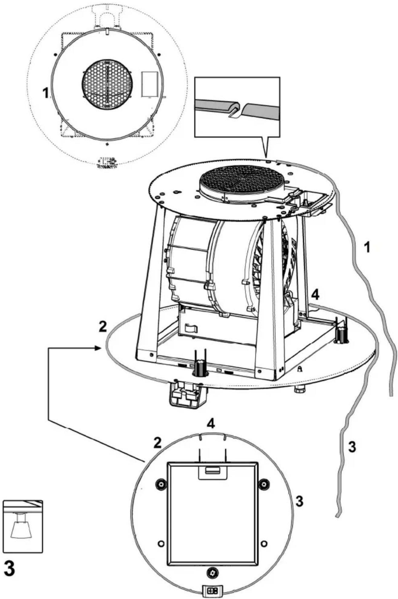 Technical diagram of a 3D printer with labeled components and exploded views, including top, front, side, and internal views.