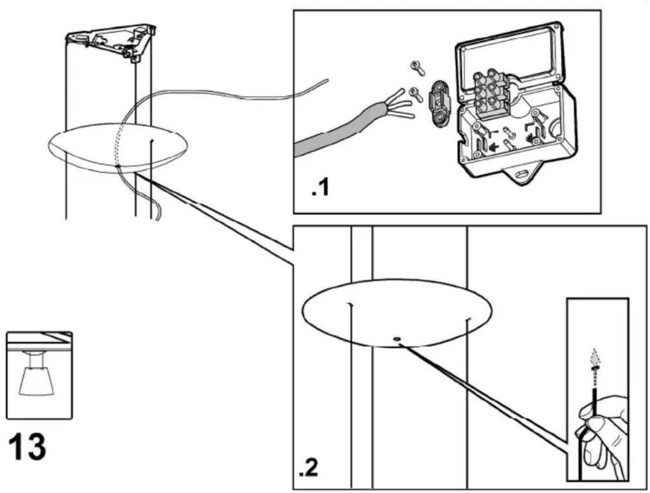 Technical diagram illustrating cable installation steps with labeled components and wiring connections