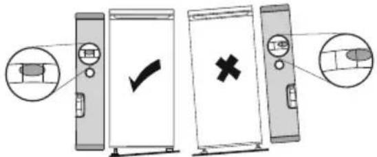 Diagram illustrating three stages of a device operation: press, checkmark, and cross, with magnified insets showing action positions.