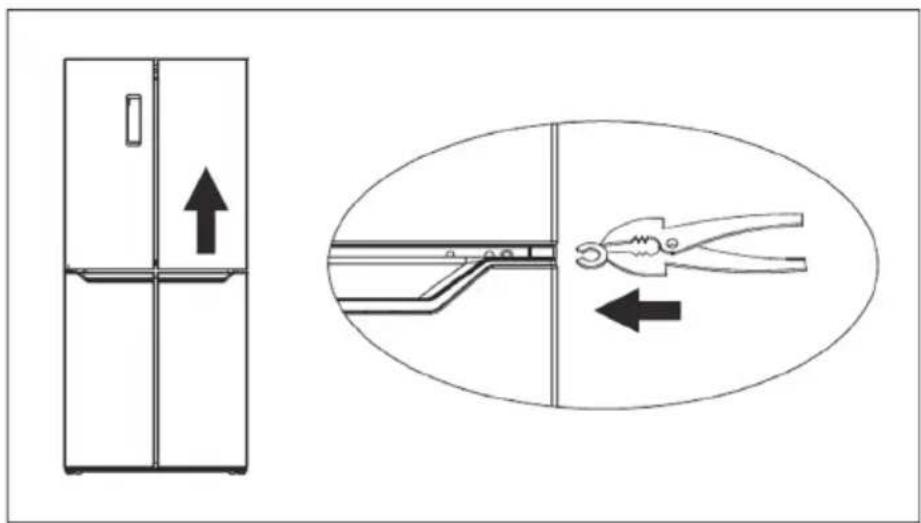 Diagram showing a refrigerator with an upward arrow and a close-up of a piping tool inside a pan, illustrating the process of cleaning or cooling.