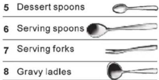 5 Dessert spoons 6 Serving spoons 7 Serving forks 8 Gravy ladles