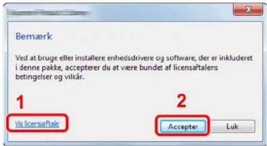 Bemærk Ved at bruge eller installere enhedsdrivere og software, der er inkluderet i denne pakke, accepterer du at være bundet af licensaftalens betingelser og vilkår. 1 Vis Icersaftale 2 Accepter Luk