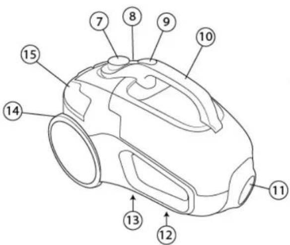 Technical diagram of a device with numbered parts for identification