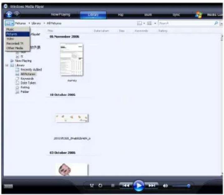 PHILIPS GoGear SA6024 - Sådan skifter du mellem musikbiblioteket og fotobiblioteket i Windows Media Player og på din afspiller - 1