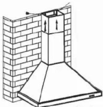 Technical line drawing of a chimney structure mounted on a brick wall (no text or symbols)