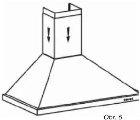 Line drawing of a conical exhaust hood with downward arrows indicating airflow or pressure, labeled 'Obr. 5' at bottom (no text on the diagram itself)