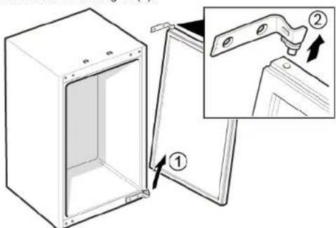 Technical diagram showing a door panel with labeled components and an inset view of the handle mechanism.
