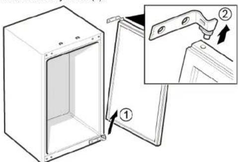 Technical diagram showing a door panel with labeled components and an inset view of the handle mechanism.
