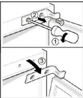 Technical diagram showing three-step installation of a mechanical bracket with labeled parts and directional arrows