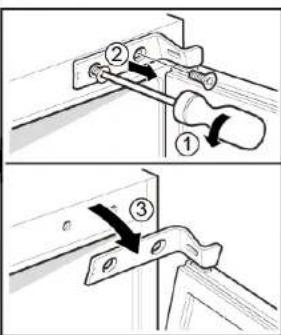 Technical diagram showing two steps of a mechanical latch or bracketing mechanism with numbered components and directional arrows.
