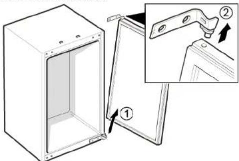 Technical diagram showing a door opening with labeled parts and an inset view of a mechanical component being inserted.