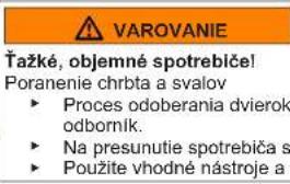 VAROVANIE Čažké, objemné spotrebiče! Poranenie chrbta a svalov ► Proces odoberania dvierok odborník. ► Na presunutie spotrebiča s ► Použite vhodné nástroje a