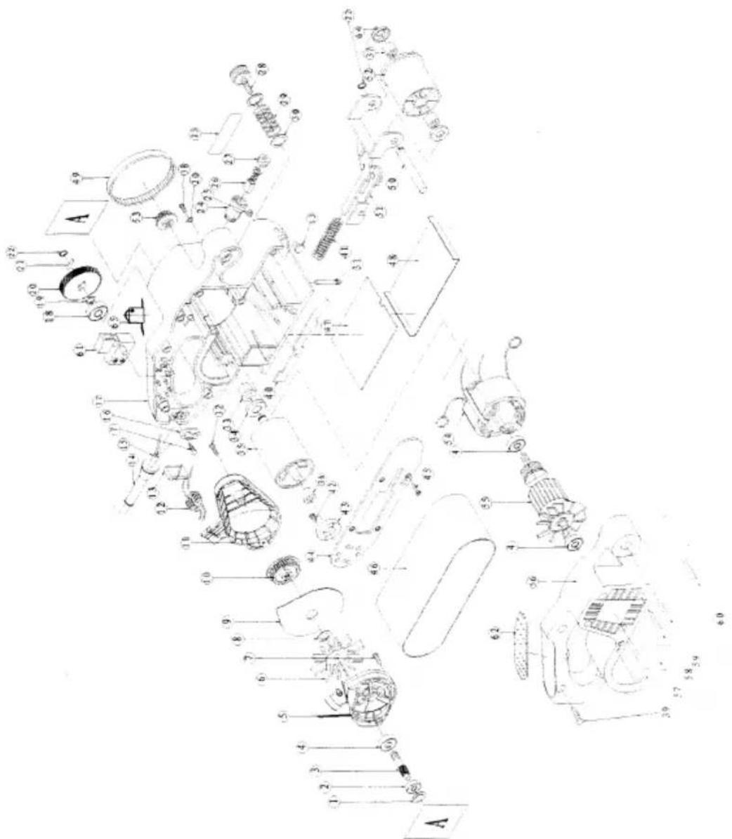 Technical diagram of a mechanical assembly with numbered components and labeled parts
