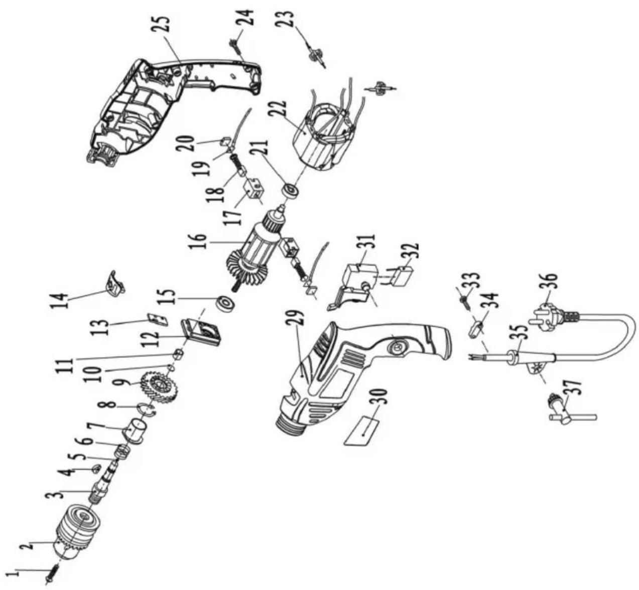 Exploded view diagram of a power tool assembly with numbered parts for identification