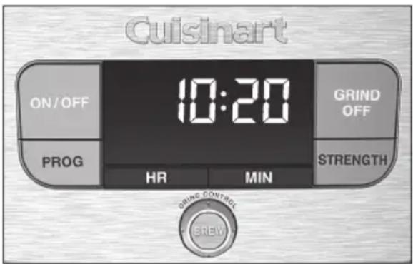 Cuisinart ON/OFF 10:20 GRIND OFF PROG HR MIN STRENGTH DRING CONTROL BREW