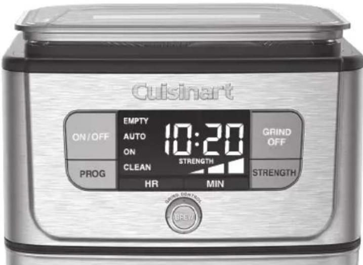 Cuisinart ON/OFF EMPTY 10:20 GRIND OFF AUTO ON STRENGTH CLEAN PROG HR MIN STRENGTH AUTO CONTROL BREY