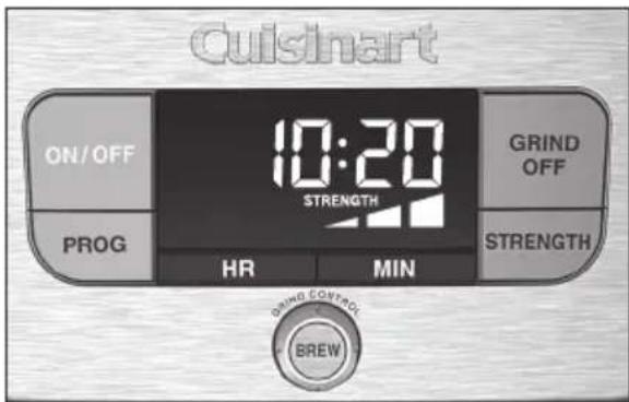 Cuisinart ON/OFF 10:20 STRENGTH GRIND OFF PROG HR MIN STRENGTH DRING COFFROCK BREW