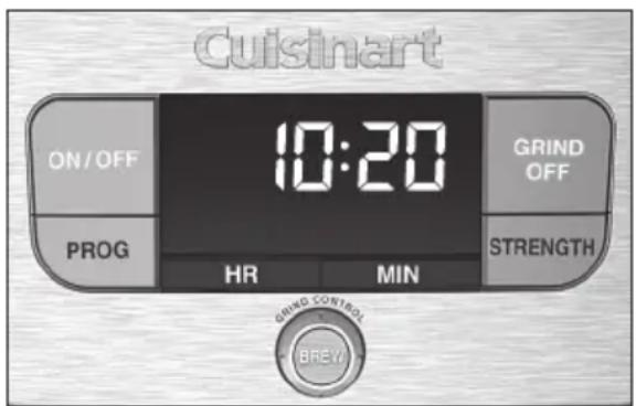 Cuisinart ON/OFF 10:20 GRIND OFF PROG HR MIN STRENGTH GRIND CONTROL BREY