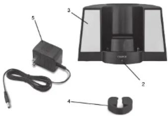 Diagram of a portable electronic device with labeled parts including charger, cable, and speaker unit