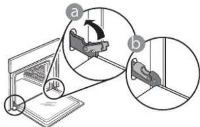 Diagram illustrating mechanical assembly steps with labeled components a and b, showing motion directions and component placement.
