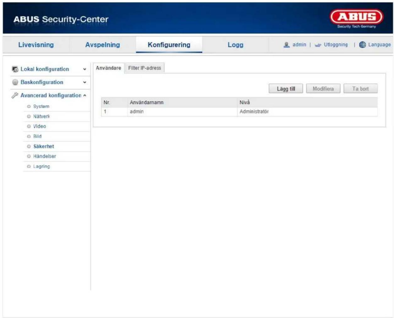 ABUS Security-Center Livevisning Avspelning KonfigureringLAGg admin | Ufloggning | Language Lokal konfiguration Användare Filter IP-adress Baskonfiguration Avancerad konfiguration System Nätverk Video Bild Säkerhet Händelser Lagring Lägg till Modifiera Ta bort Nr. Användarnann Nivå 1 admin Administratör
