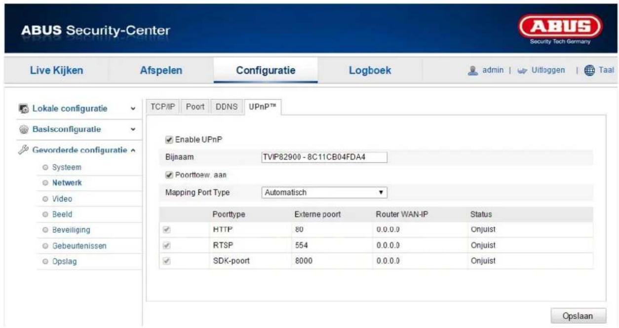 ABUS Security-Center Live Kijken Afspelen Configuratie Logboek admin | Uitloggen | Taal Lokale configuratie Basisconfiguratie Gevorderde configuratie Systeem Netwerk Video Beeld Beveiliging Gebeurtenissen Opslag TCP/IP Poort DDNS UPnPTM Enable UPnP Bijnaam TVIP82900 - 8C11CB04FDA4 Poorttoew. aan Mapping Port Type Automatisch Pocrttype Externe poort Router WAN-IP Status HTTP 80 0.0.0.0 Onjuist RTSP 554 0.0.0.0 Onjuist SDK-poort 8000 0.0.0.0 Onjuist Opslaan