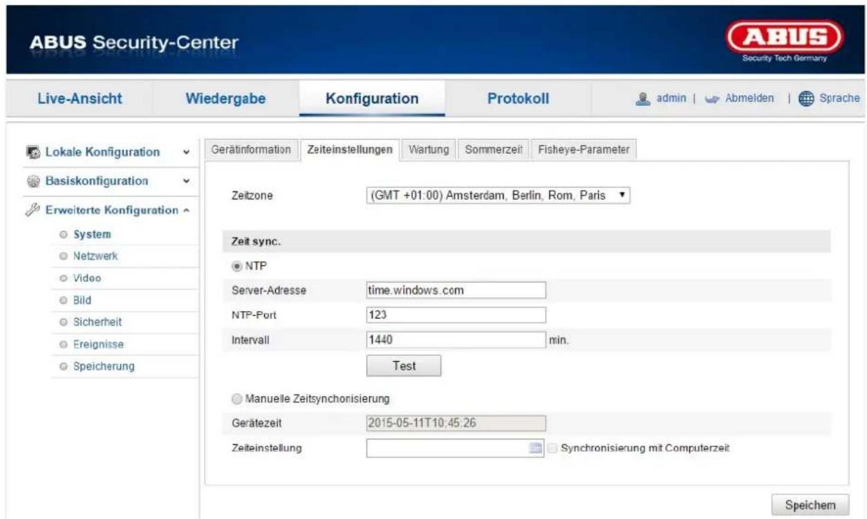 ABUS Security-Center Live-Ansicht Wiedergabe Konfiguration Protokoll admin | Abmelden | Sprache Lokale Konfiguration Basiskonfiguration Erweiterte Konfiguration System Netzwerk Video Bild Sicherheit Ereignisse Speicherung Gerätinformation Zeiteinstellungen Wartung Sommerzeit Fisheye-Parameter Zeitzone (GMT +01:00) Amsterdam, Berlin, Rom, Paris Zeit sync. NTP Server-Adresse time.windows.com NTP-Port 123 Intervall 1440 min. Test Manuelle Zeitsynchronisierung Gerätezeit 2015-05-11T10:45:26 Zeiteinstellung Synchronisierung mit Computerzeit Speichem