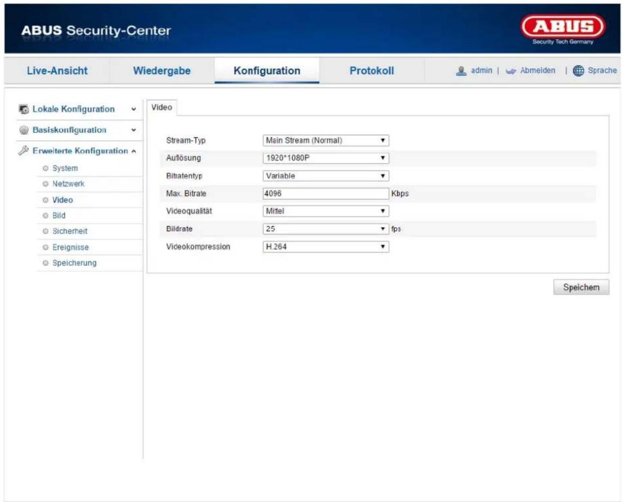 ABUS Security-Center Live-Ansicht Wiedergabe Konfiguration Protokoll admin | Abmeiden | Sprache Lokale Konfiguration Basiskonfiguration Erweiterte Konfiguration System Netzwerk Video Bild Sicherheit Ereignisse Speicherung Video Stream-Typ Main Stream (Normal) Auflösung 1920*1080P Bitratentyp Variable Max. Bitrate 4096 Kbps Videoqualität Mittel Bildrate 25 fps Videokompression H.264 Speichem