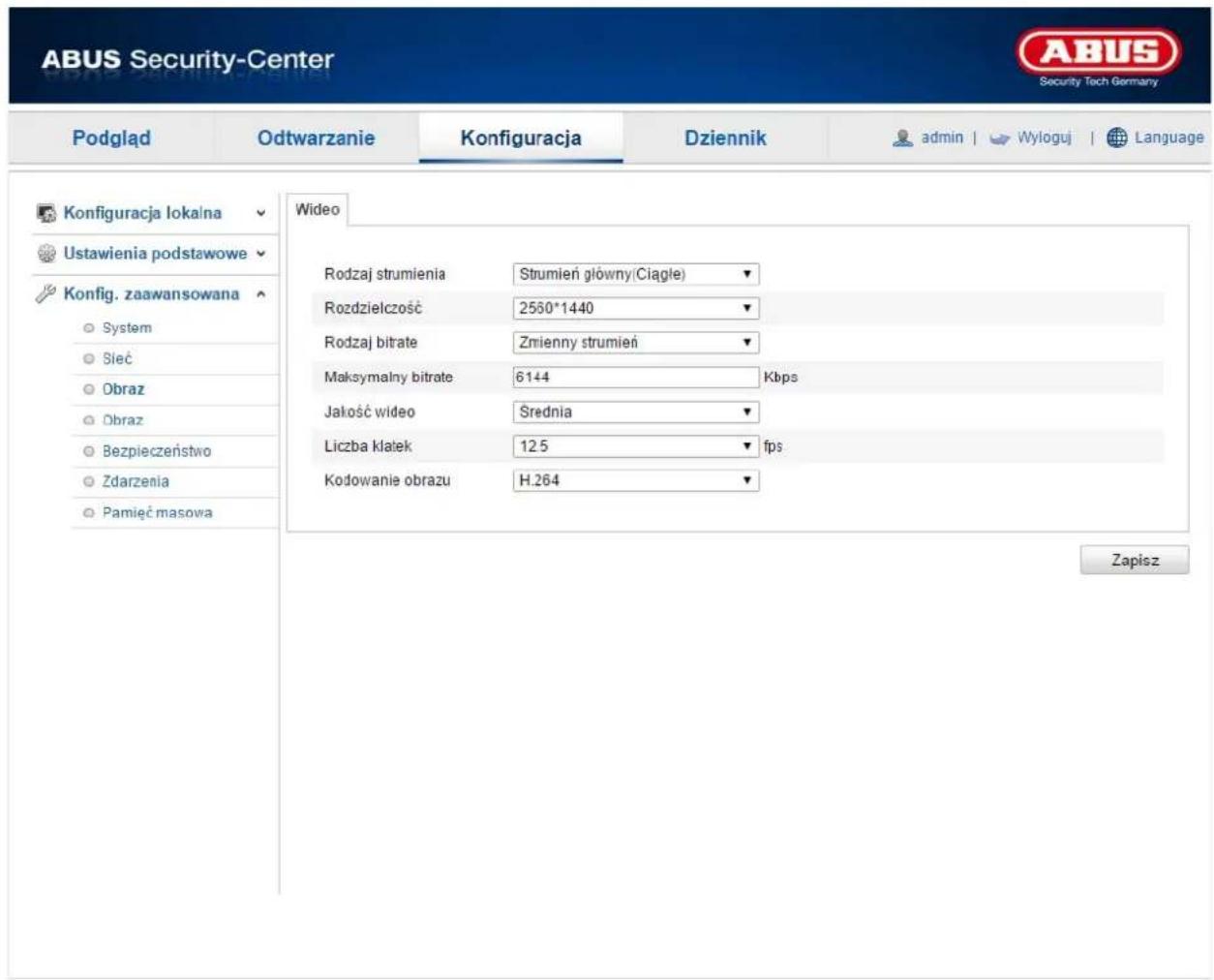 ABUS Security-Center Podgląd Odtwarzanie Konfiguracja Dziennik admin | Wyloguj | Language Konfiguracja lokalna Ustawienia podstawowe Konfig. zaawansowana System Sleć Obraz Obraz Bezpieczeństwo Zdarzenia Pamięć masowa Wideo Rodzaj strumienia Strumień główny(Ciągle) Rozdzielczość 2550*1440 Rodzaj bitrate Zmienny strumień Maksymalny bitrate 6144 Kbps Jakość wideo Średnia Liczba klatek 125 fps Kodowanie obrazu H.264 Zapisz