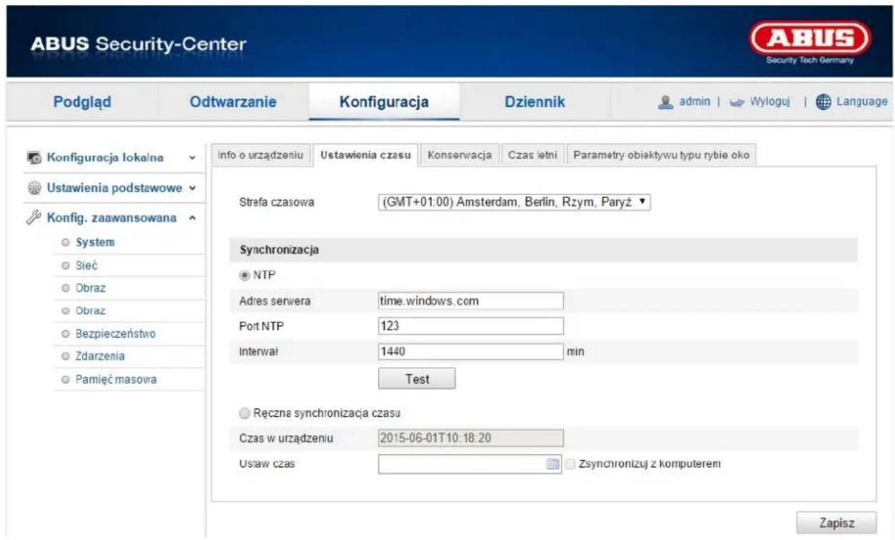 ABUS Security-Center Security Tech Germany Podgląd Odtwarzanie Konfiguracja Dziennik admin | Wyloguj | Language Konfiguracja lokalna Ustawienia podstawowe Konfig. zaawansowana System Sieć Obraz Obraz Bezpieczeństwo Zdarzenia Pamięć masowa Info o urządzeniu Ustawienia czasu Konserwacja Czas letni Parametry obiaktywu typu rybie oko Strefa czasowa (GMT+01:00) Amsterdam, Berlin, Rzym, Paryż ▼ Synchronizacja NTP Adres serwera time.windows.com Port NTP 123 Interwał 1440 min Test Ręczna synchronizacja czasu Czas w urządzeniu 2015-06-01T10:18:20 Ustaw czas Zsynchronizuj z komputerem Zapisz