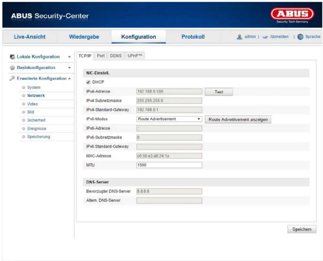 ABUS Security-Center Live-Ansicht Wiedergabe Konfiguration Protokoll admin | Abmeiden | Sprache Lokale Konfiguration Basiskonfiguration Erweiterte Konfiguration System Netzwerk Video Bild Sicherheit Ereignisse Speicherung TCP/IP Port DDNS UPnPTM NIC-Einstell. DHCP IPv4-Adresse 192.168.0 100 Test IPv4 Subnetzmaske 255.255.255.0 IPv4-Standard-Gateway 192.168.0.1 IPv6-Modus Route Advertisement Route Advertisement anzeigen IPv6-Adresse : IPv6-Subnetzmaske 0 IPv6 Standard-Gateway : MAC-Adresse c0:56:e3:a9.24:1a MTU 1500 DNS-Server Beyorzugter DNS-Server 8.8.8.8 Altern. DNS-Server Speichem