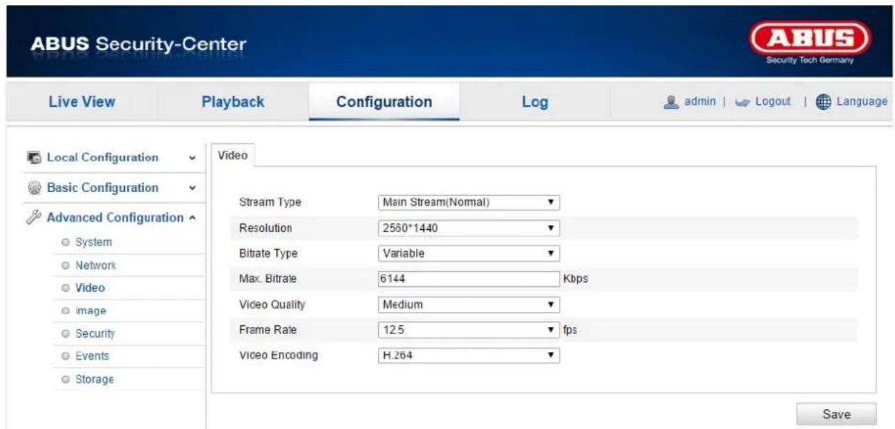 ABUS Security-Center Security Tech Germany Live View Playback Configuration Log admin | Logout | Language Local Configuration Video Basic Configuration Advanced Configuration System Network Video Image Security Events Storage Stream Type Main Stream(Normal)▼ Resolution 2550*1440▼ Bitrate Type Variable▼ Max. Bitrate 6144 Kbps Video Quality Medium▼ Frame Rate 12.5 fps▼ Video Encoding H.264▼ Save