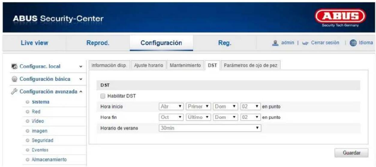 ABUS Security-Center Live view Reprod. Configuración Reg. admin | Cerrar sesión | Idioma Configurac. local Configuración básica Configuración avanzada Sistema Red Video Imagen Seguridad Eventos Almacenamiento Información disp. Ajuste horario Mantenimiento DST Parámetros de ojo de pez DST Habilitar DST Hora inicio Abr Primer Dom 02 en punto Hora fin Oct Último Dom 02 en punto Horario de verano 30min Guardar