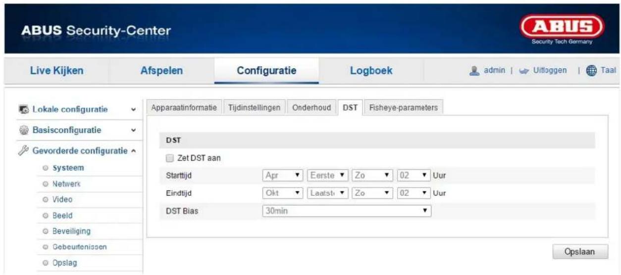 ABUS Security-Center Live Kijken Afspelen Configuratie Logboek admin | Uitloggen | Taal Lokale configuratie Basisconfiguratie Gevorderde configuratie Systeem Netwerk Video Beeld Beveiliging Gebeutenissen Opslag Apparaatinformatie Tijdinstellingen Onderhoud DST Fisheye-parameters DST Zet DST aan Starttijd Apr Eerste Zo 02 Uur Eindtijd Okt Laatst Zo 02 Uur DST Bias 30min Opslaan