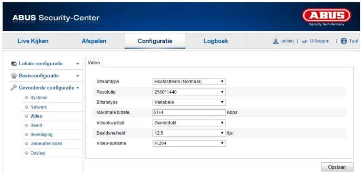 ABUS Security-Center Live Kijken Afspelen Configuratie Logboek admin | Uitloggen | Taal Lokale configuratie Basisconfiguratie Gevorderde configuratie Systeem Netwerk Video Beeld Beveiliging Gebeurtenissen Opslag Video Streamtype Hoofdstream (Normaal) Resolutie 2550*1440 Bitratetype Variabele Maximale bitrate 6144 Kbps Videokwaiteit Gemiddeld Bealdsnelheid 125 fps Video-opname H.264 Opslaan