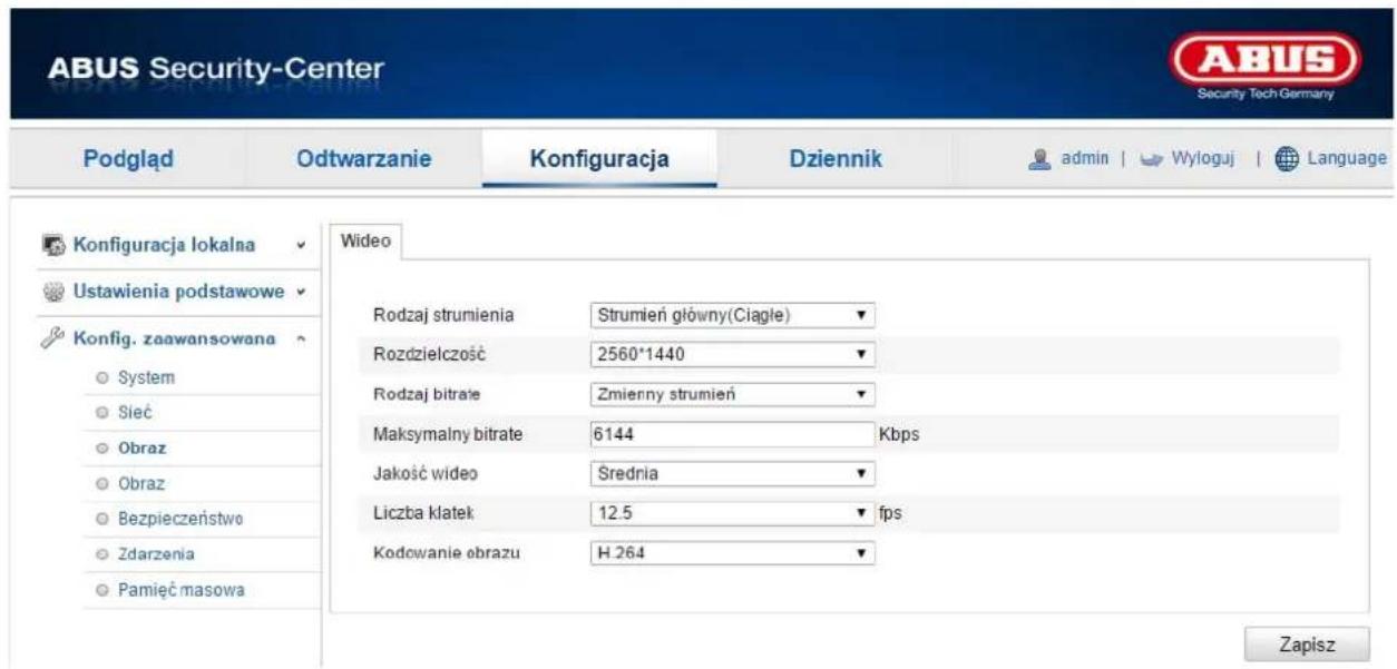 ABUS Security-Center Podgląd Odtwarzanie Konfiguracja Dziennik admin | Wyloguj | Language Konfiguracja lokalna Ustawienia podstawowe Konfig. zaawansowana System Sieć Obraz Obraz Bezpieczeństwo Zdarzenia Pamięć masowa Wideo Rodzaj strumienia Strumień główny(Ciągłe) Rozdzielczość 2560*1440 Rodzaj bitrate Zmienny strumień Maksymalny bitrate 6144 Kbps Jakość wideo Średnia Liczba klatek 12.5 fps Kodowanie obrazu H 264 Zapisz
