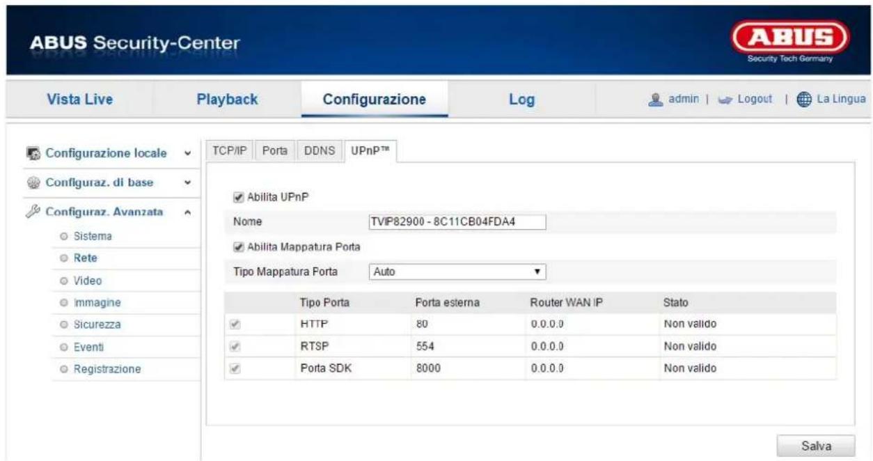ABUS Security-Center Vista Live Playback Configurazione\Log-admin | Logout | La Lingua Configurazione locale TCP/IP Porta DDNS UPnPTM Configuraz. di base Configuraz. Avanzata Sistema Rete Video Immagine Sicurezza Eventi Registrazione ✓ Abilita UPnP Nome TVIP82900 - 8C11CB04FDA4 ✓ Abilita Mappatura Porta Tipo Mappatura Porta Auto Tipo Porta Porta esterna Router WAN IP Stato HTTP 80 0.0.0.0 Non valido RTSP 554 0.0.0.0 Non valido Porta SDK 8000 0.0.0.0 Non valido Salva