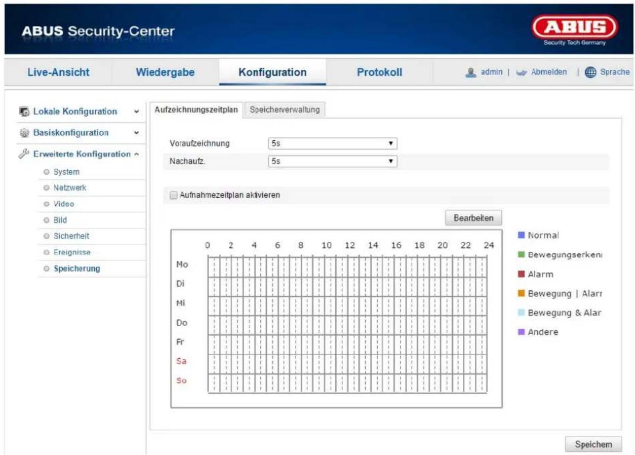 ABUS Security-Center Live-Ansicht Wiedergabe Konfiguration Protokoll admin | Abmeiden | Sprache Lokale Konfiguration Basiskonfiguration Erweiterte Konfiguration System Netzwerk Video Bild Sicherheit Ereignisse Speicherung Aufzeichnungszeitplan Speicherverwaltung Voraufzeichnung 5s Nachaufz 5s Aufnahmezeitplan aktivieren Bearbeiten Normal Bewegungserkeni Alarm Bewegung | Alarr Bewegung & Alar Andere Speichem